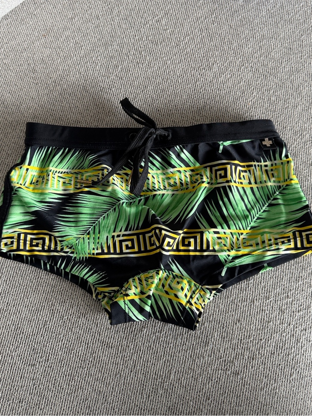 Andrew Christian Black Swim Shorts with Green Palm Print and Yellow Trim